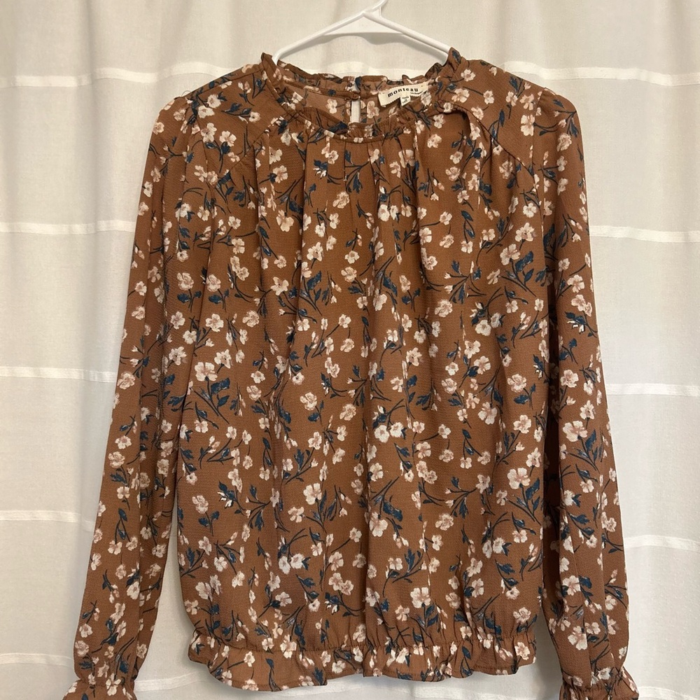 Creamy Brown Floral Ruffle Neck